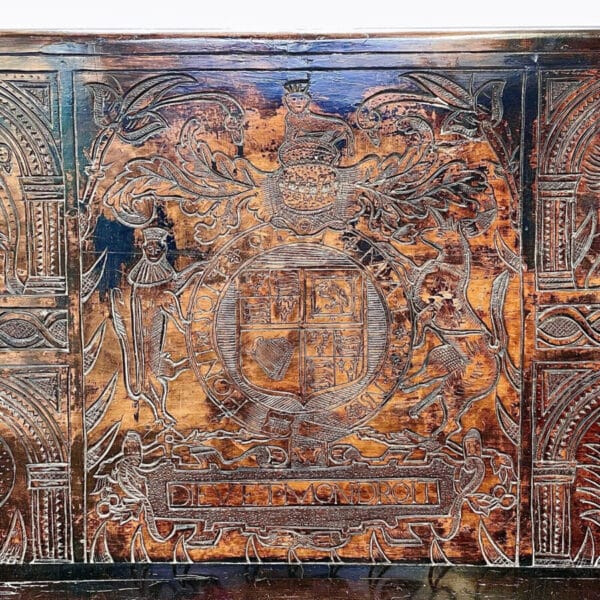 Queen Anne Period Oak Carved Coat of Arms Settle Marriage Dowry Bench, c 1700 - Image 6