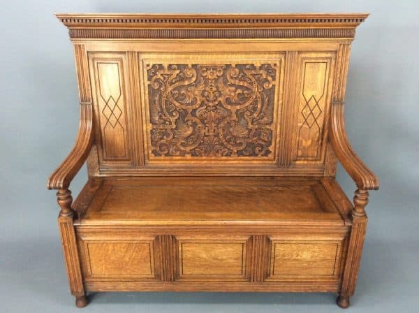 Shapland & Petter Arts & Crafts Oak Box Settle c1900 hall bench Antique Benches 5