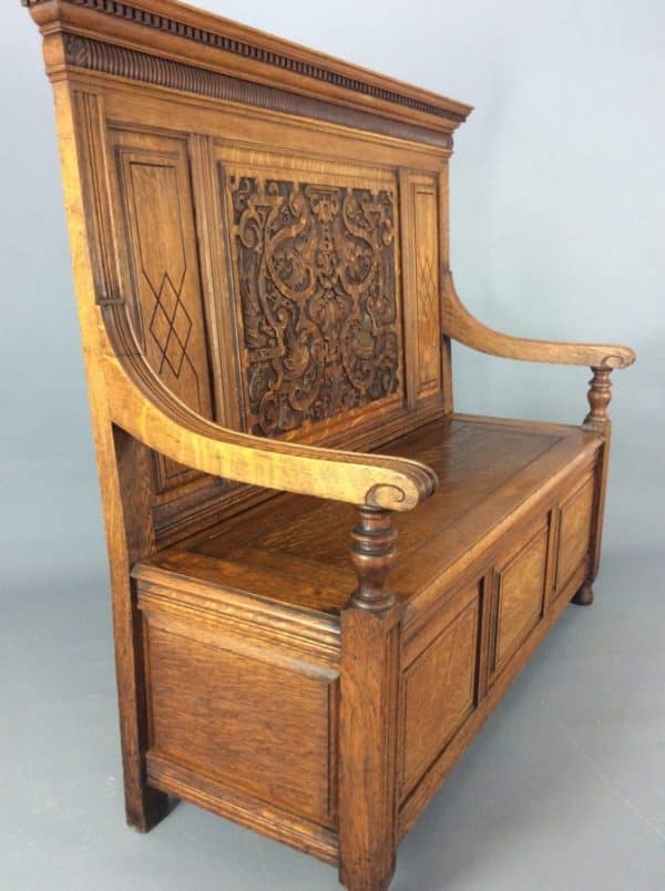 Shapland & Petter Arts & Crafts Oak Box Settle c1900 hall bench Antique Benches 4