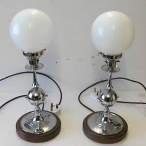 ART DECO 1930’s PAIR OF ENGLISH CHROME TABLE LAMPS with white GLASS SHADES IN VERY GOOD CONDITION art deco pair of table lamps Antique Lighting