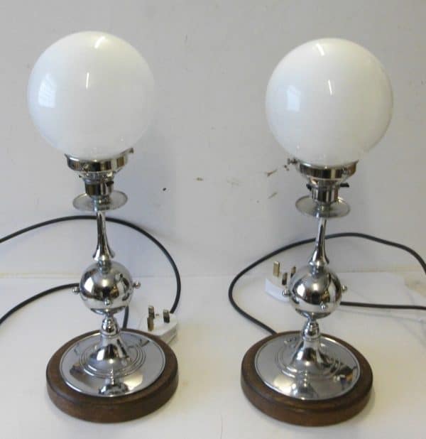 ART DECO 1930's PAIR OF ENGLISH CHROME TABLE LAMPS with white GLASS SHADES IN VERY GOOD CONDITION