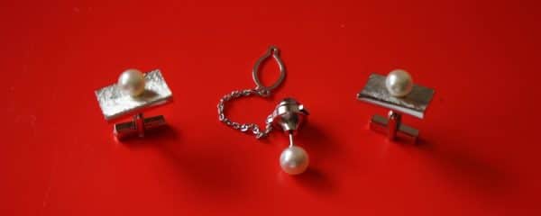 A Silver & Real Pearl Pair of Cufflinks – Lovely Present / Boxed Boxed Silver Rings Antique Jewellery 5
