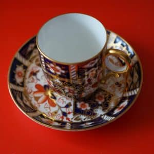 C 1924 Royal Crown Derby Miniature Imari Coffee Can & Saucer – Porcelain / Bone China Continental Trinket Box Antique Ceramics