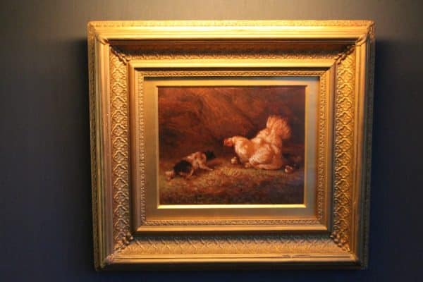Victorian Painting in Gouache with Gilt frame. 19th C Hen, Cockerel, Gouache, oil painting, art, framed, gilt, gesso, Antique Art 4