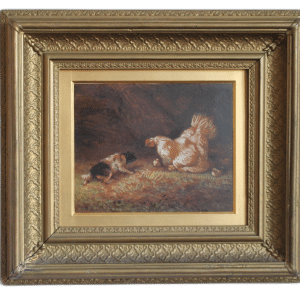 Victorian Painting in Gouache with Gilt frame. 19th C Hen, Cockerel, Gouache, oil painting, art, framed, gilt, gesso, Antique Art