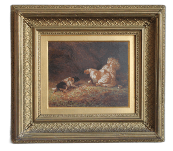 Victorian Painting in Gouache with Gilt frame. 19th C Hen, Cockerel, Gouache, oil painting, art, framed, gilt, gesso, Antique Art 3