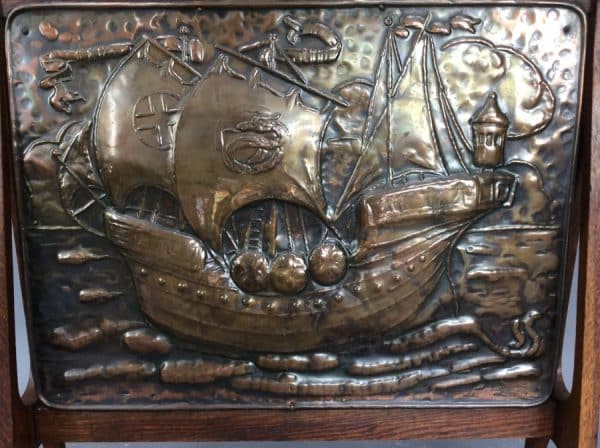 Arts & Crafts Oak Framed Copper Fire Screen c1900 - Image 3