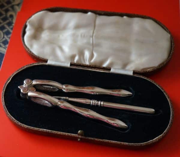 Vintage 1920s Electro Plated Nut Crackers & Nut Pick Boxed Set