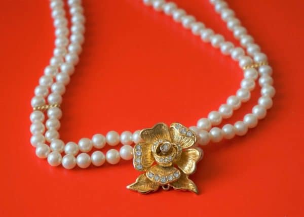 Vintage Simulated Two Strand Pearl Necklace & Pendant With Extension Lotus Boxed Pearl Necklace Antique Jewellery 4