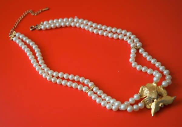 Vintage Simulated Two Strand Pearl Necklace & Pendant With Extension Lotus Boxed Pearl Necklace Antique Jewellery 6