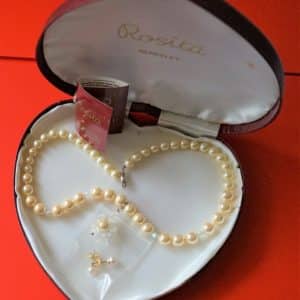 Rosita Single Strand Simulated Graduated Pearl & Crystal Necklace & Earrings Boxed Lotus Boxed Pearl Necklaces Antique Jewellery
