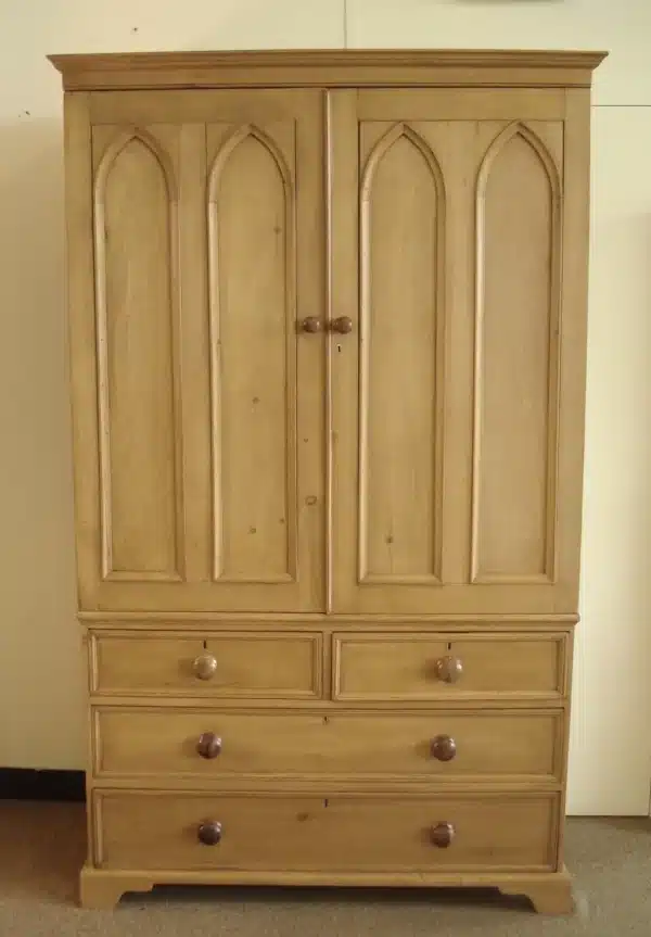 Rare Gothic Revival 19th century pine wardrobe on chest Antique Cupboards 3