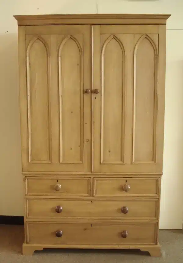 Rare Gothic Revival 19th century pine wardrobe on chest