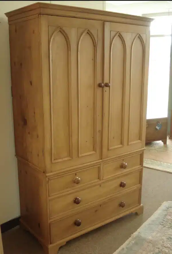 Rare Gothic Revival 19th century pine wardrobe on chest - Image 6