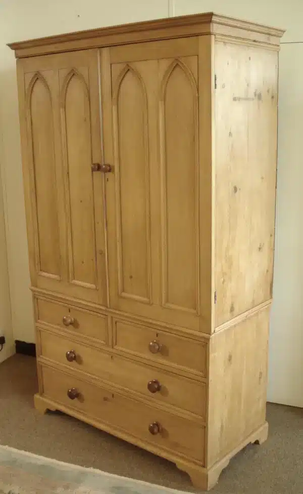 Rare Gothic Revival 19th century pine wardrobe on chest Antique Cupboards 11