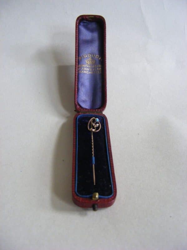 EXQUISITE Gold pearl & Turquoise Tie Hat Brooch PIN Chester c1900 Original Box