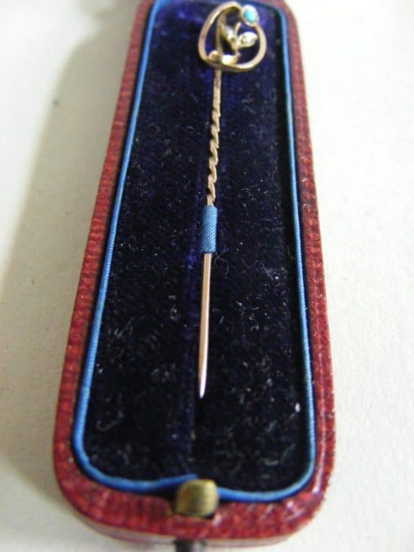EXQUISITE Gold pearl & Turquoise Tie Hat Brooch PIN Chester c1900 Original Box chatalaine Antique Jewellery 4