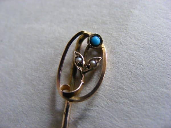 EXQUISITE Gold pearl & Turquoise Tie Hat Brooch PIN Chester c1900 Original Box - Image 7