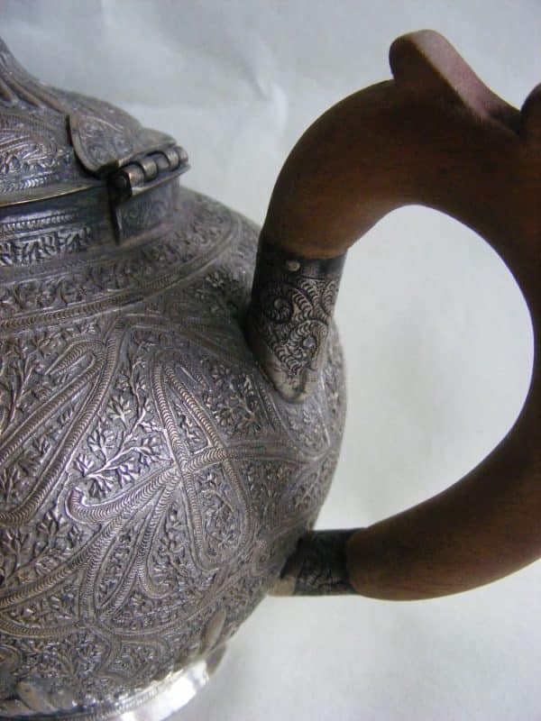 Gorgeous Anglo Indian Silver Bachelor Tea Pot c1890 Kashmir Shawl Pattern India Antique Silver 15