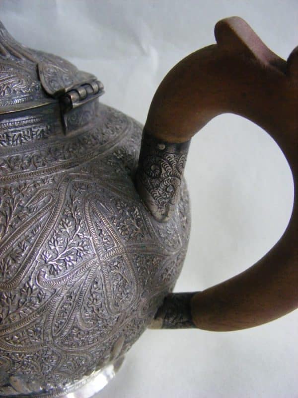 Gorgeous Anglo Indian Silver Bachelor Tea Pot c1890 Kashmir Shawl Pattern - Image 14