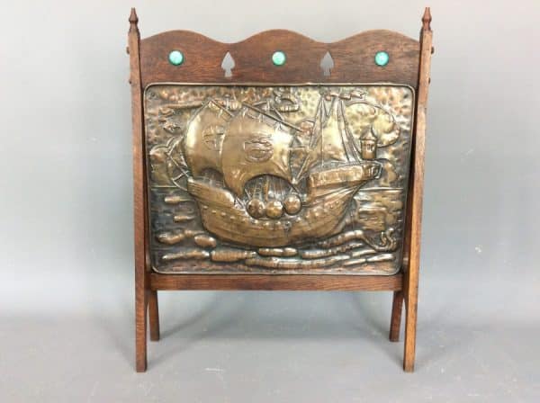 Arts & Crafts Oak Framed Copper Fire Screen c1900
