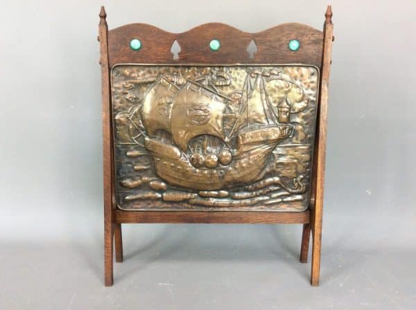 Arts & Crafts Oak Framed Copper Fire Screen c1900 fire screen Antique Collectibles 3