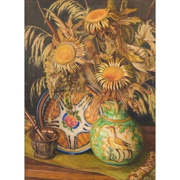 Magnificent Still Life with Sunflowers and Majolica Jug art Antique Art 3