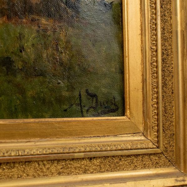 Oil Painting of children playing in a farm yard setting with chickens signed by Auguste Durst - Image 3