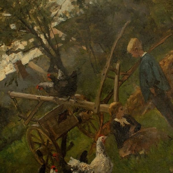 Oil Painting of children playing in a farm yard setting with chickens signed by Auguste Durst - Image 2