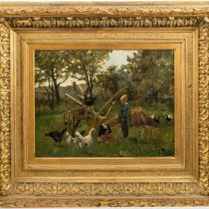 Oil Painting of children playing in a farm yard setting with chickens signed by Auguste Durst Antique Art Antique Art
