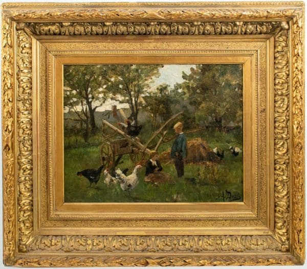 Oil Painting of children playing in a farm yard setting with chickens signed by Auguste Durst