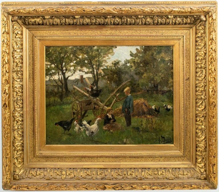 Oil Painting of children playing in a farm yard setting with chickens signed by Auguste Durst