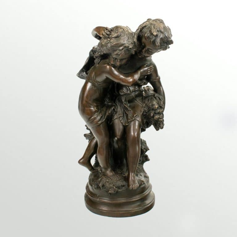 Bronze Statue of Two Children holding a Bouquet of Flowers, signed by Auguste Moreau.