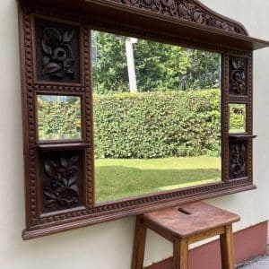 Large Arts & Crafts Oak Overmantle Mirror c1900 carved Antique Mirrors