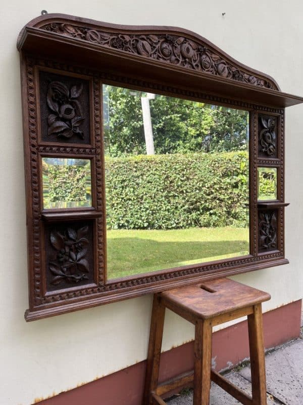 Large Arts & Crafts Oak Overmantle Mirror c1900 carved Antique Mirrors 3