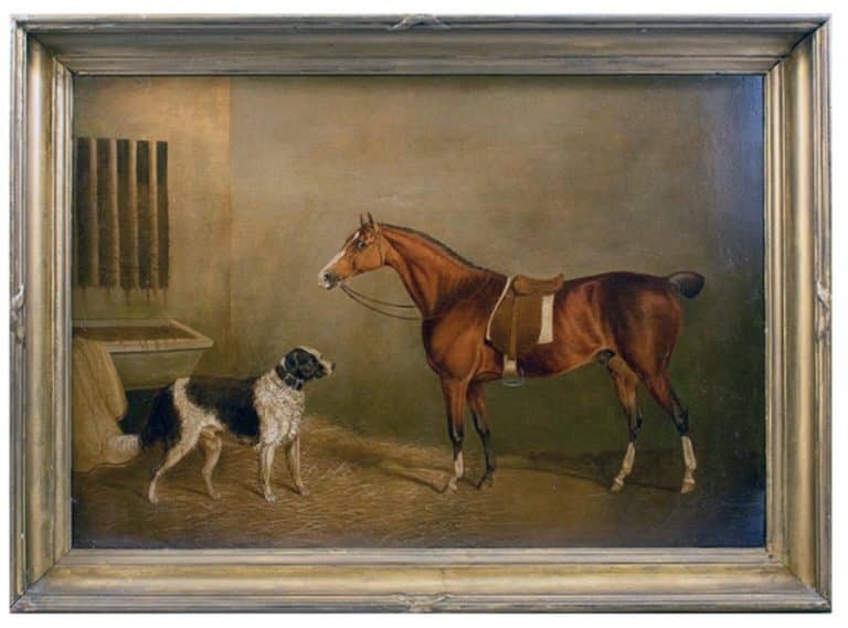 Portrait of Horse and a Dog in a stable, attributed to John E. Ferneley (1782 – 1860)