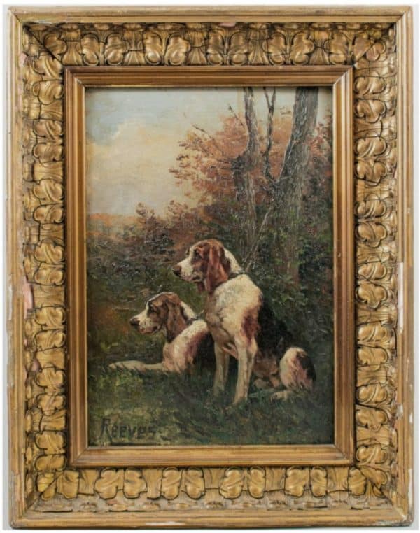 Oil painting of two dogs sitting down - Walter Reeves (1882 - 1900)