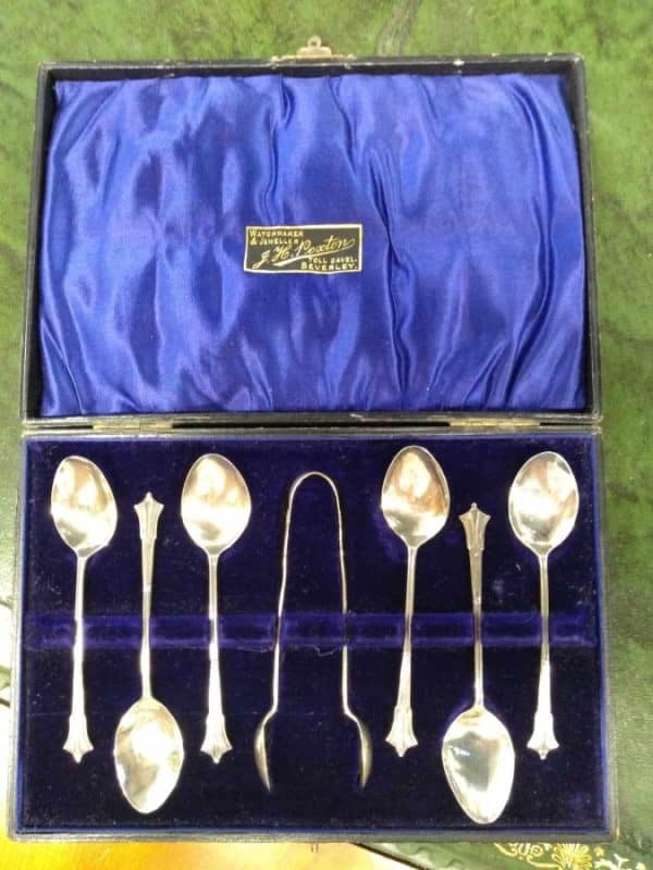 Set of Silver Tea Spoons with Tongs Boxed Silver Tea Spoons Miscellaneous 3
