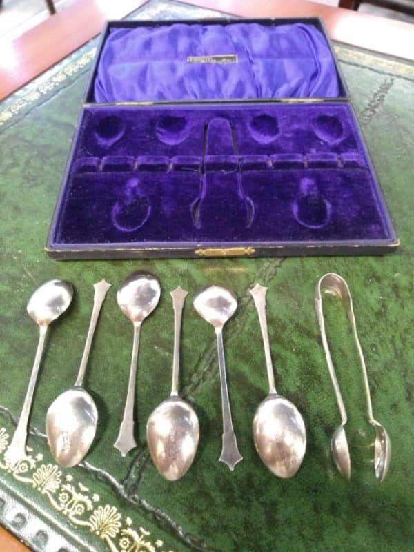 Set of Silver Tea Spoons with Tongs - Image 2