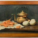Oil Painting of a Still Life of crevettes and an egg, signed by Francois Dupuis (1930-2000) Antique Oil Painting Antique Art