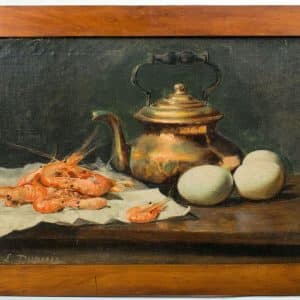 Oil Painting of a Still Life of crevettes and an egg, signed by Francois Dupuis (1930-2000) Antique Oil Painting Antique Art