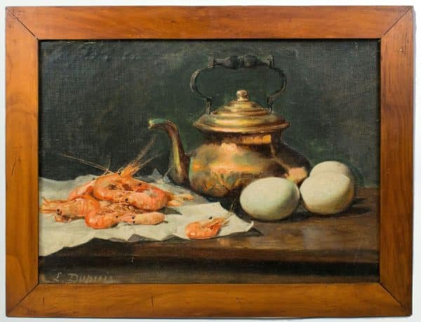 Oil Painting of a Still Life of crevettes and an egg, signed by Francois Dupuis (1930-2000)