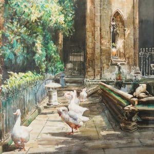 Geese and a Stone Frog by a Cathedral Pond  – Large Watercolour – F. Clavero Miscellaneous