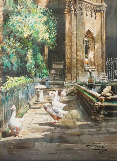 Geese and a Stone Frog by a Cathedral Pond  - Large Watercolour - F. Clavero