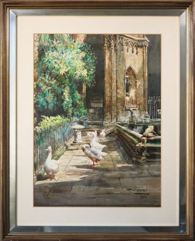 Geese and a Stone Frog by a Cathedral Pond  – Large Watercolour – F. Clavero Miscellaneous 4