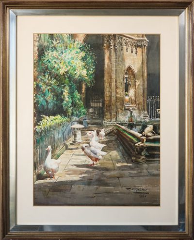 Geese and a Stone Frog by a Cathedral Pond  - Large Watercolour - F. Clavero - Image 2