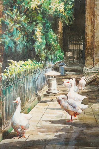 Geese and a Stone Frog by a Cathedral Pond  - Large Watercolour - F. Clavero - Image 3