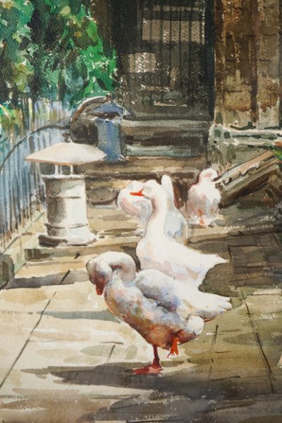 Geese and a Stone Frog by a Cathedral Pond  - Large Watercolour - F. Clavero - Image 4