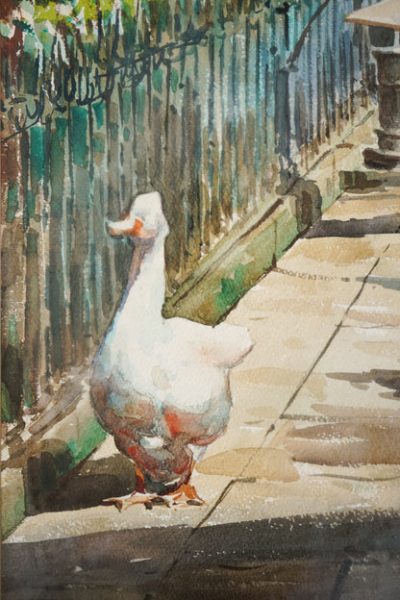 Geese and a Stone Frog by a Cathedral Pond  - Large Watercolour - F. Clavero - Image 5