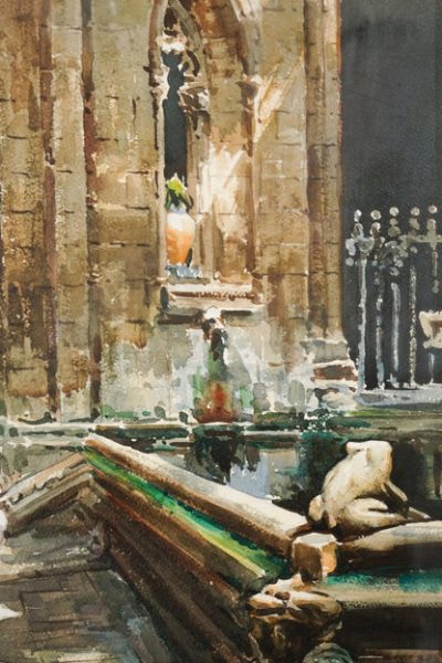 Geese and a Stone Frog by a Cathedral Pond  - Large Watercolour - F. Clavero - Image 6